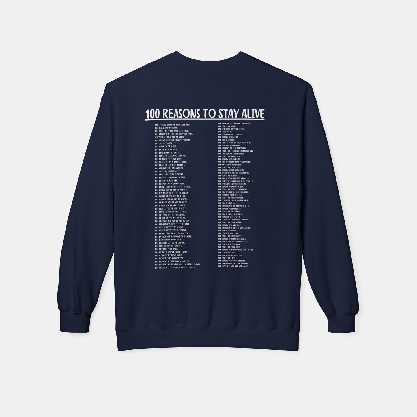 100 Reasons To Stay Alive -Keep Going;-Suicide Awareness Prevention-Unisex Midweight Crewneck Sweatshirt