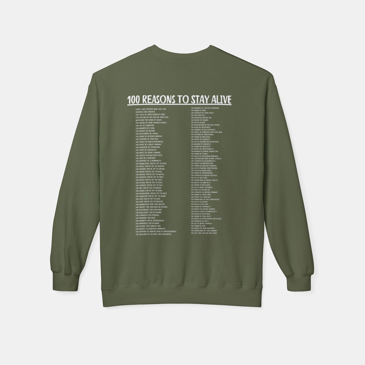 100 Reasons To Stay Alive -Keep Going;-Suicide Awareness Prevention-Unisex Midweight Crewneck Sweatshirt