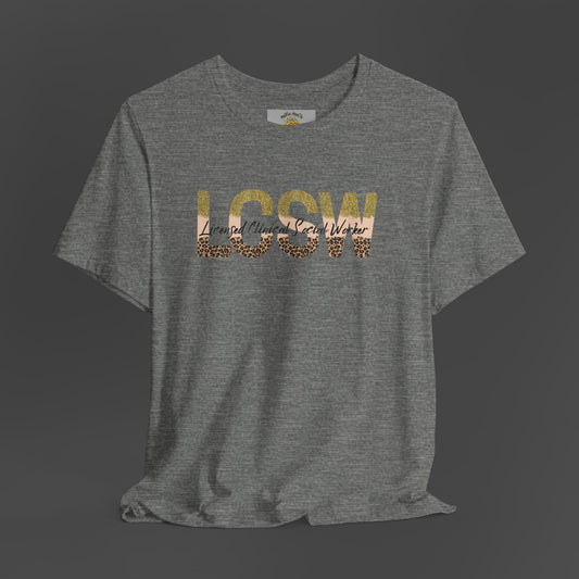 Cheeta Print/Gold Glitter Lettered- Licensed Clinical Social Worker-Unisex Short Sleeve Tee - Mental Health Wear TN